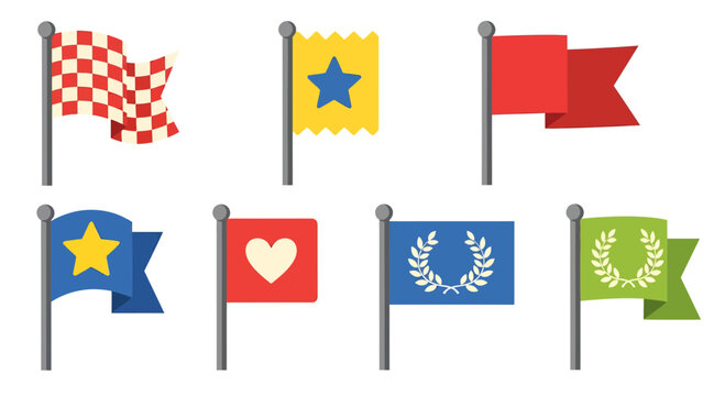 Collection of whimsical flag icons representing diverse concepts and symbols  emblems