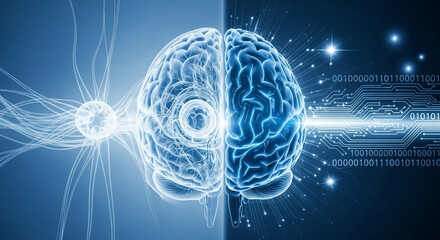 A digital illustration of a brain with neural networks and binary code on a blue background