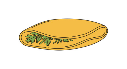 An illustration of a flatbread wrap filled with green herbs, viewed from above.