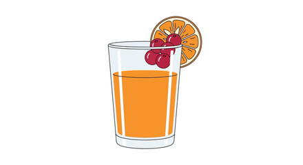 A glass of orange juice is garnished with a slice of orange and several red cherries.