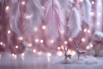 Soft pink gradient background with white feather garland and glowing lights, featuring delicate deer figurines, creating a whimsical New Year's and Christmas atmosphere with copy space