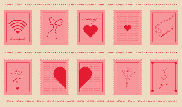 Fototapeta set of stamps with a love message, stamps in pink and red colors, flowers, bow, heart, love inscriptions on stamps