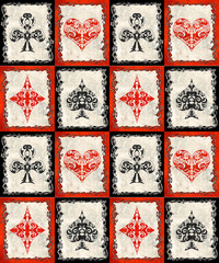 Playing Cards decorative suits seamless pattern on grunge background
