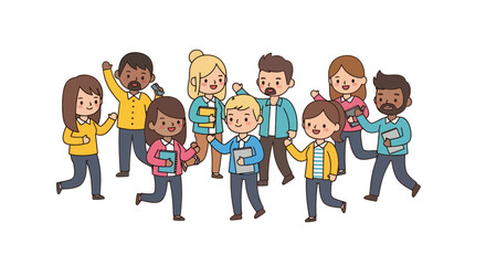 Diverse team of cheerful cartoon people walking together with positive energy