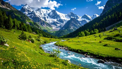 Scenic mountain valley with a clear stream winding through lush green meadows under a bright blue sky