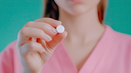 Young woman focused on health takes a medication tablet with water in a bright, serene environment