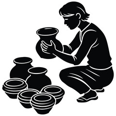 Pottery Maker Silhouette Illustration Art, Artful Crafting and Ceramic Art on White Background
