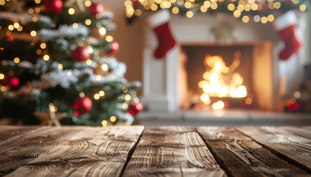 Festive Christmas scene with cozy fireplace, decorated tree, and stockings, creating warm holiday atmosphere