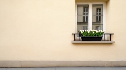 Fototapeta premium Charming balcony adorned with tulips against a beige facade in a serene urban setting