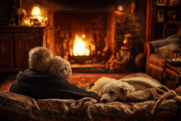 Senior couple relaxing by the fireplace with their dog, enjoying warmth, comfort, and peaceful winter evening together.Elderly couple sitting on sofa near glowing fireplace, cozy atmosphere.