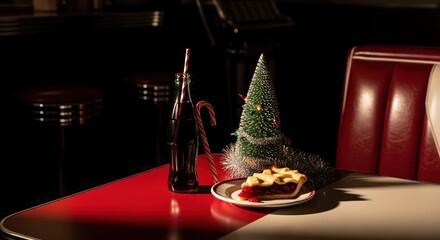 Cozy Christmas dinner interior with tree decorations, candles, and holiday food