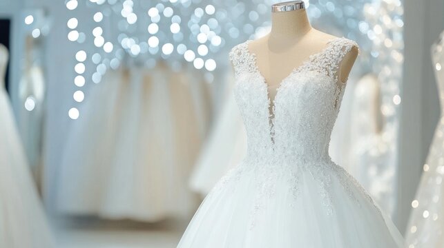 Elegantly designed wedding dresses featuring intricate beadwork displayed on mannequins in a charming bridal boutique