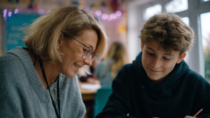 Teacher helping student with homework in a cozy classroom during afternoon study session