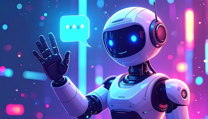 Sleek white robot waving hand, with a speech bubble and futuristic neon background with bokeh effect