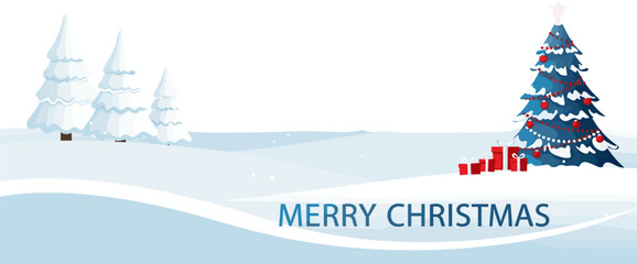 Merry christmas greeting card with decorated tree and gifts on snowy hills, winter landscape with falling snowflakes, festive season celebration background