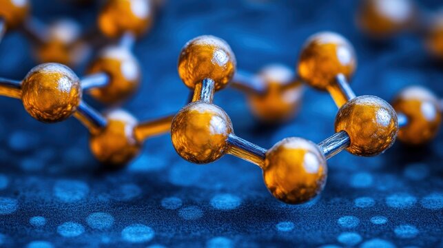 Close-up of a complex molecular structure, amber-colored spheres connected by silver rods, on a dark-blue background with small, speckled dots