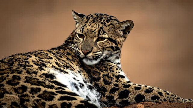 Beautiful Clouded Leopard Relaxes While Grooming Its Spotted Coat.