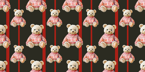 Cute teddy bears in festive clothing create a cheerful holiday pattern