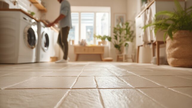 person loading washing machine in bright laundry room
