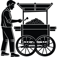 Popcorn Vendor Silhouette with a Cart on Wheels in Black and White on White Background