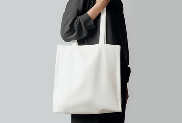 Tote bag mockup. Style person with shopping eco tote bag mock-up. Minimalist modern fashion look with dim clothing. Template mockup nature tote bag. Realistic style photo