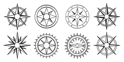 Eight compass rose and wind rose icons with various star and directional designs navigation