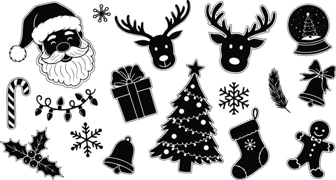 Festive Christmas Holiday Vector Graphics Set in Black and White
