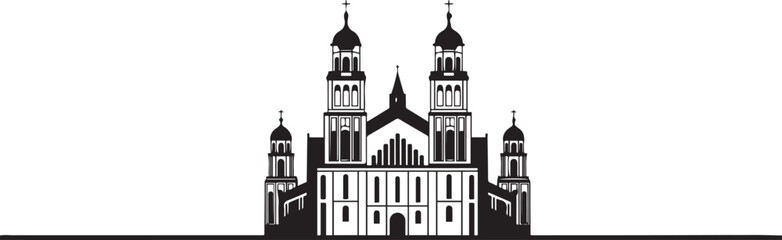 Black Silhouette of a Grand Cathedral with Twin Spires and Arched Windows Keywords: cathedral, church, building