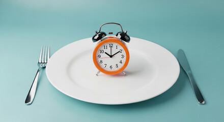 Orange alarm clock on white plate with fork and knife on a light blue colored surface in studio shot