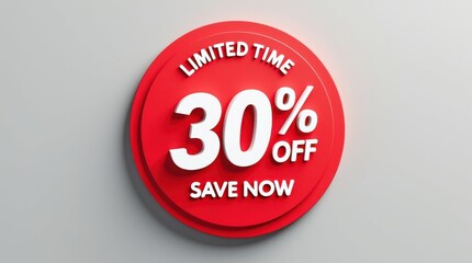Red oval badge with 30 percent off and limited time offer
