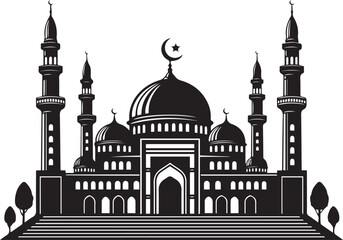 Black silhouette of a mosque with domes, minarets, and crescent moon on white background