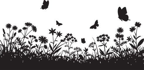 Black silhouette of a meadow with wildflowers and butterflies on a white background