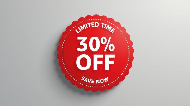 Red oval shaped limited time offer 30 percent off sale tag
