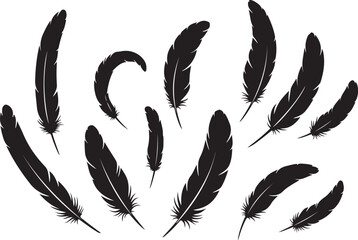 Collection of Black Feather Silhouettes Falling and Floating on White Background Keywords: feather, feathers