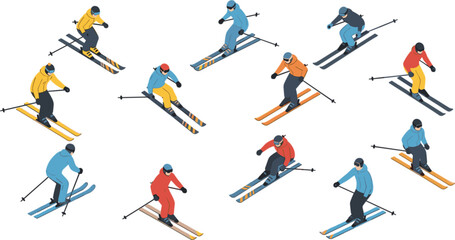 A dynamic isometric vector art illustration showcasing a diverse group of skiers gliding down a snowy slope, perfect for winter sports and outdoor adventure themes