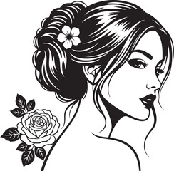 Elegant Woman Profile with Rose and Flower in Hair Black and White Vector Art beauty