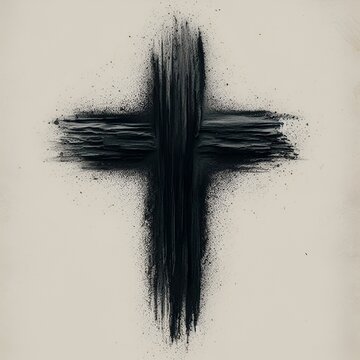 Dessin &eacute;pur&eacute; d'une croix trac&eacute;e au Charbon et Cendre sur un Fond Clair, Symbole Solennel du Car&ecirc;me et de la Foi Chr&eacute;tienne