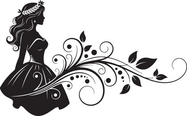 Silhouette of a woman in a dress with floral vine flourish gown