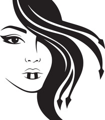Stylized black and white illustration of a woman's face with flowing hair silhouette