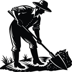 Gardener's Silhouette Illustration Vintage Farmer Digging with Shovel Agriculture on White Background