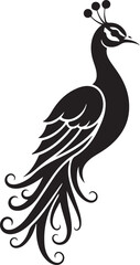 Stylized black peacock silhouette with ornate tail feathers on white background bird