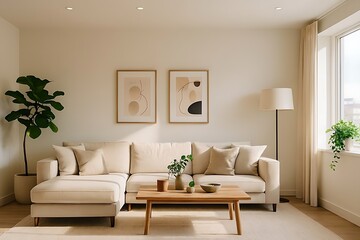 Cozy modern living room with beige sectional sofa, wooden coffee table, abstract art, and lush plants. Perfect warm minimalist home decor.
