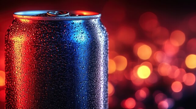 Close-up of a metallic can with water droplets, vibrant red and blue lighting - Powered by Adobe