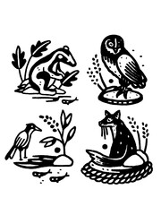 OCCULT FOREST ANIMALS. VINTAGE MEDIEVAL WOODCUT ART SET