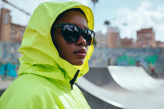 Generative AI portrait of fashionable person in urban street style outfit wearing in modern city environment