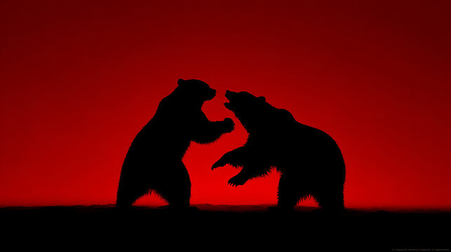 Two bears silhouetted fighting against a vivid red background