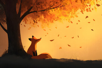 Obraz premium Fox enjoying the autumn breeze under a vibrant orange tree at sunset