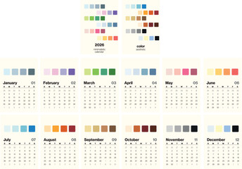 calendar for 2026 in a minimalist style with thematic color palettes for each month. Color thematic palettes palettes, posters with color palettes