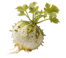 Ornamental gourd with spiky, textured surface and delicate foliage.  Pale cream-white body,  studded with tiny, speckled spots of a lighter green, and a  greenish-yellow stem