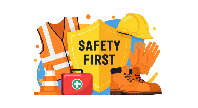 Illustration of safety equipment including vest helmet gloves boots and first aid kit with shield